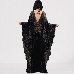 Sheer Sexy Black Lace Kaftan Dress Gothic Long Maxi Gown Lingerie Caftan Costume